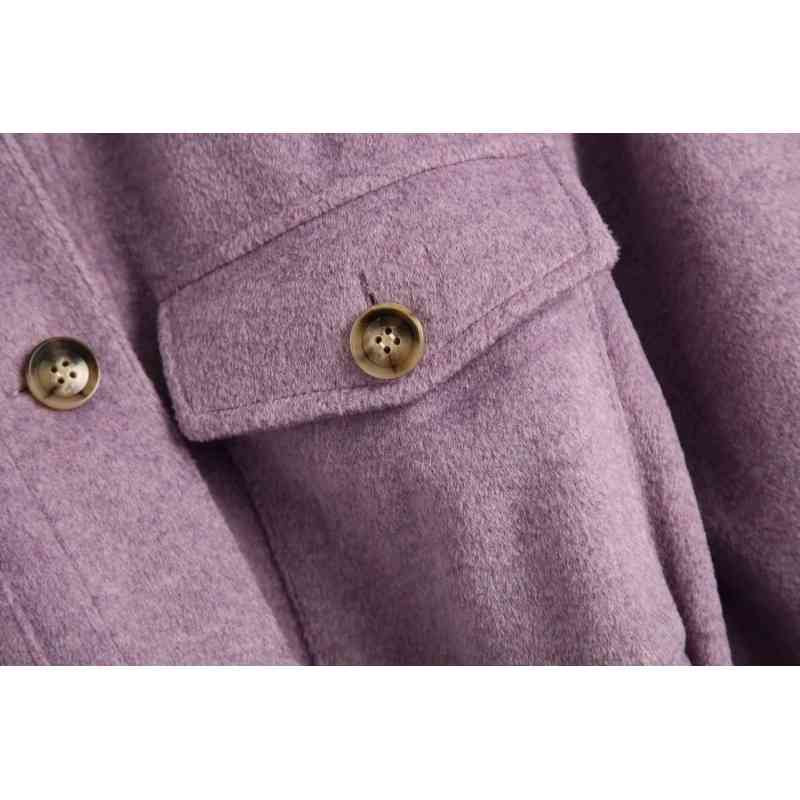 Fashion Women Wool Coats Autumn Purple Button-fly Ladies Long Jackets Casual Pockets Female Coat Sweet Girls Chic 210430