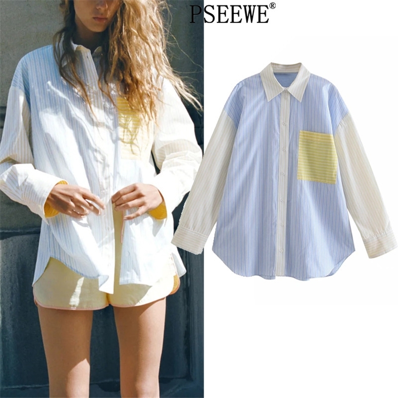 Women Shirts Blue Poplin Striped Oversized Woman Long Sleeve Top Female Spring Patchwork Button Up 210519
Women Shirts Blue Poplin Striped Oversized Woman Long Sleeve Top Female Spring Patchwork Button Up 210519