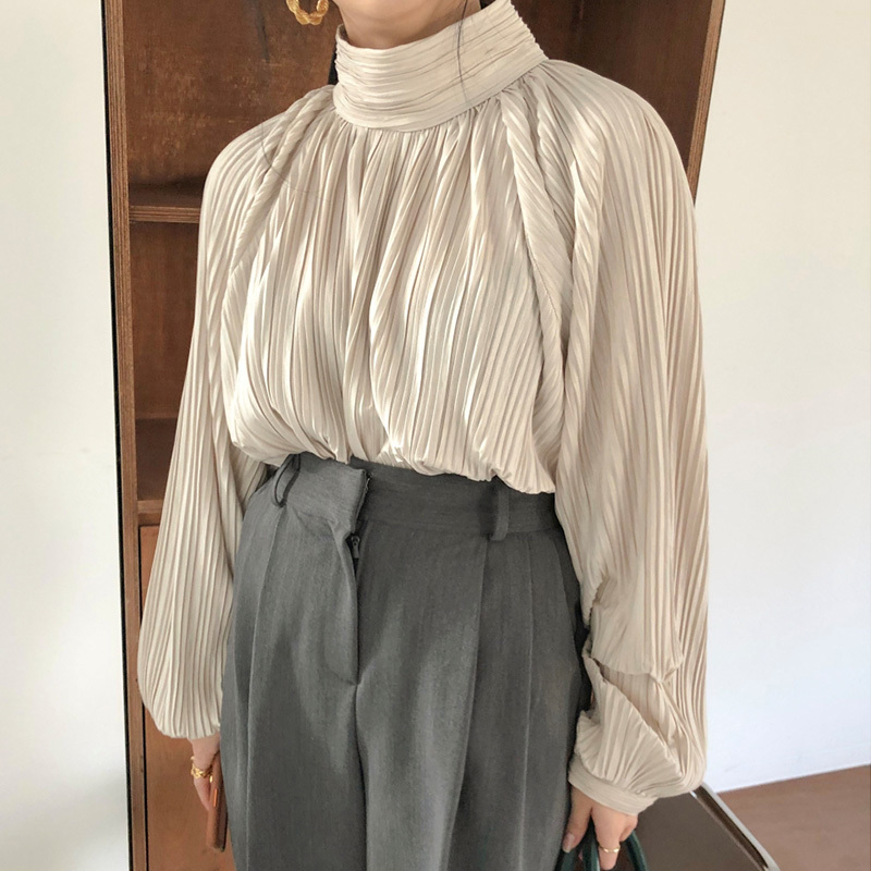 Nomikuma Autumn Winter Elegant Half Turtleneck Women Blouse Korean Pleated Solid Long Sleeve Shirt New Pullover Tops 6D527 210427