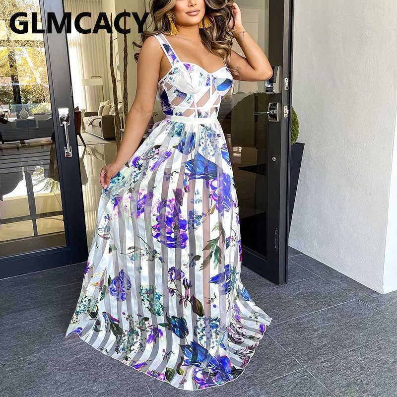 Women Spaghetti Strap Floral Printed Elegant Maxi Dress 210702