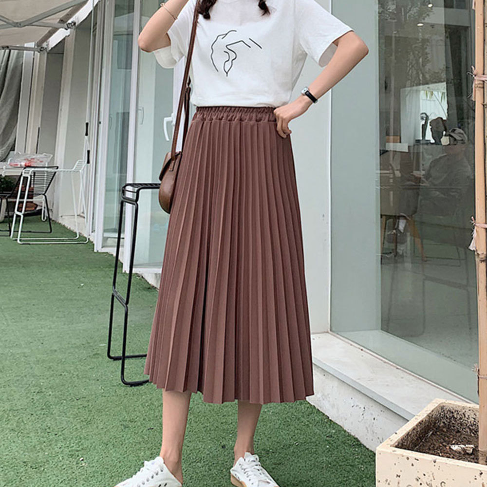 Elegant Solid Midi Pleated Skirt Women Autumn Winter Ladies Korean High Waist A-line School Long Female 210428