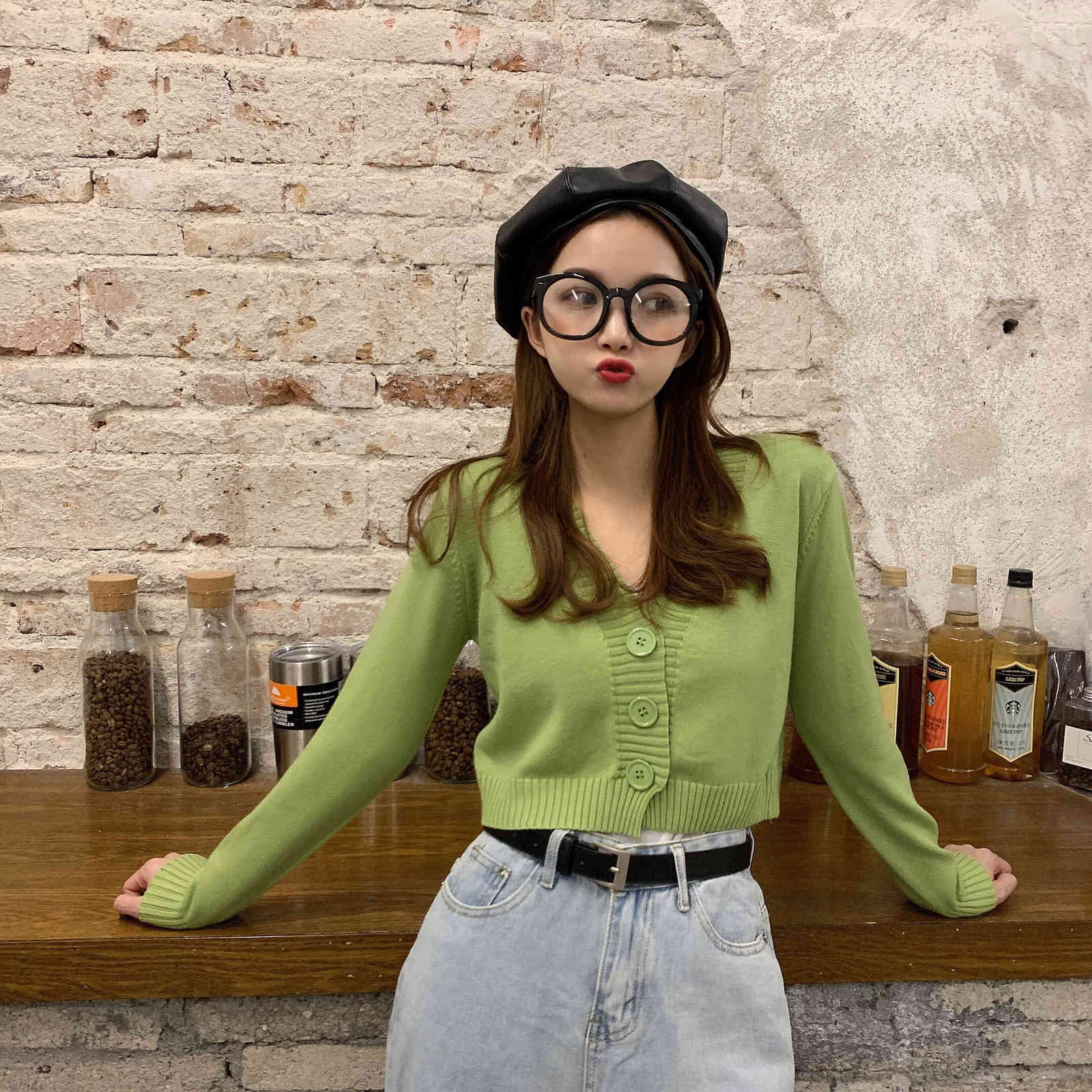 V-neck Sweater Female Spring Autumn Crop Cardigan Knitted Coat Tops Casual Slim Cropped Cardigans Sueter Mujer 210519
