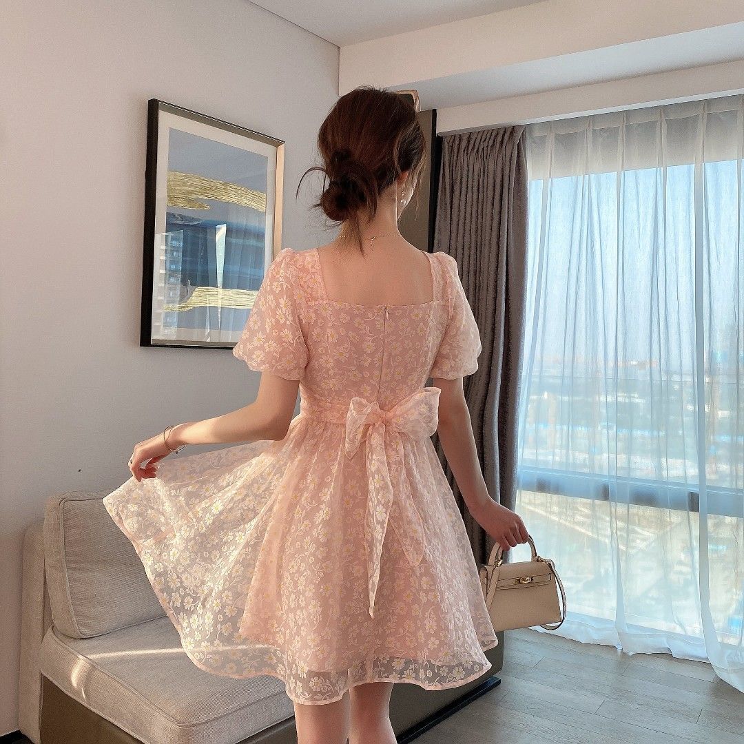 Elegant Vintate Floral Dress Women Short Sleeve Midi Dress Female Party Beach Dress Korea Office Lady Sumemr Chic 210521