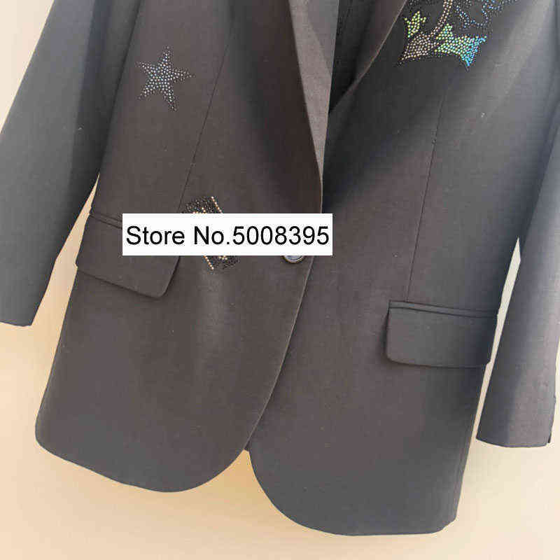 Woman Black Flowers Star Strass Decoration Blazer Single Button Long Sleeves Fashion Suit Coat SS 211122