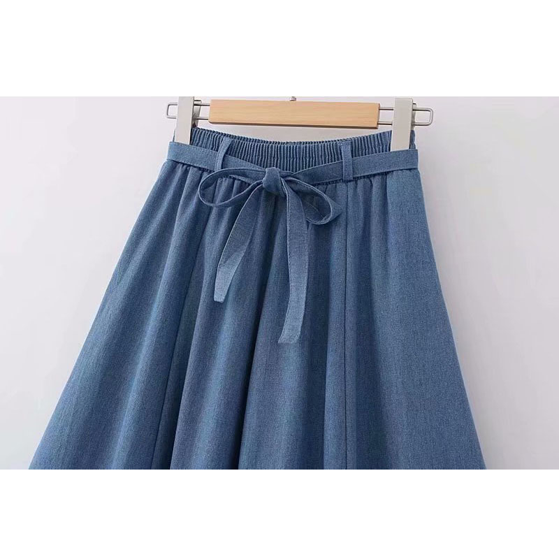 Blue Denim Skirt: Vintage Bow Belt High-Waist Chic Short Skirt For Women