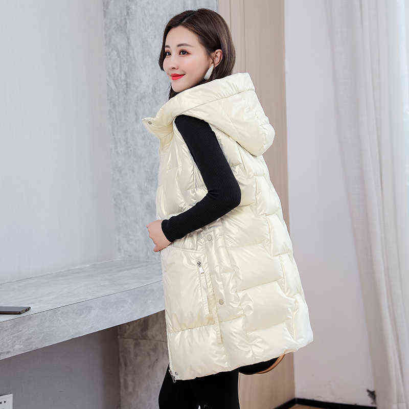 Long Sleeveless Jackets Women's Hooded Warm Ladies Casual Winter Vests Zipper Pockets Thick Glossy Fashion Waistcoat for Female 211105
