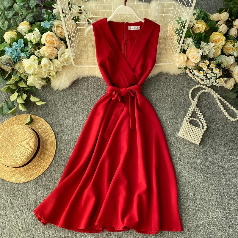 Work Fashion Solid Sleeveless Dress Women V Neck Sashes OL Vestidos Spring Summer Dresses Bow 210521