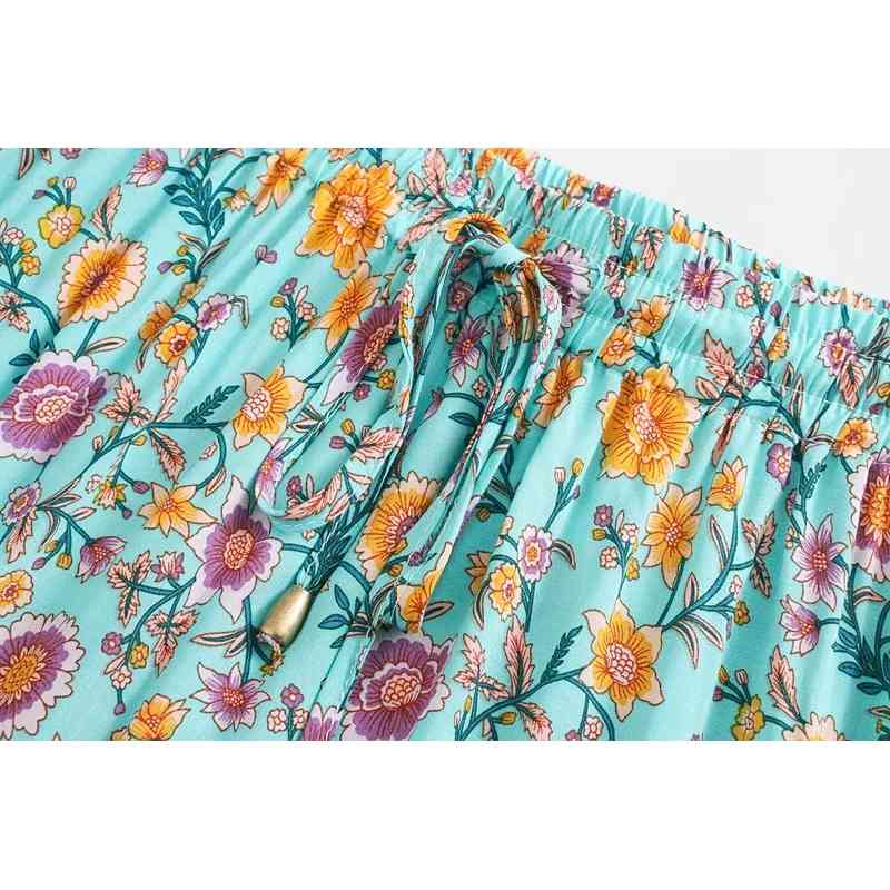3 Colors Bohemia Floral Print Long Skirt BOHO Stitching Ruched Ruffle Hem Holiday Women Adjust Stream Waist Swing Skirts 210429