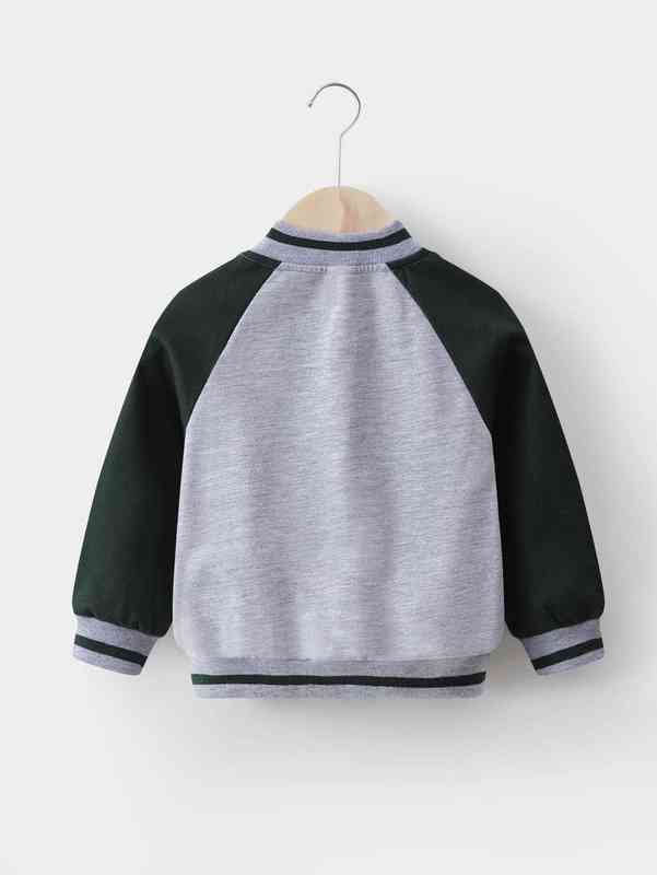 Baby Bear & Letter Embroidery Raglan Sleeve Dual Pocket Bomber Jacket SHE