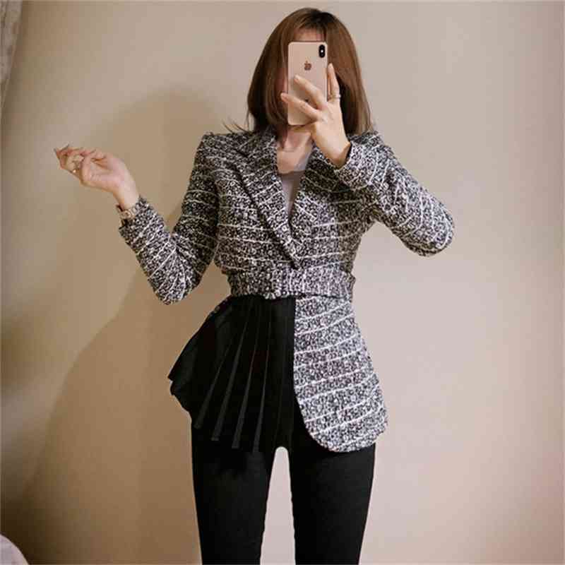 Autumn Winter Elegant Turn Down Collar Tweed Blazer Korean Women Slim Plaid Woolen Patchwork Pleated Outerwear Female With Belt 210519