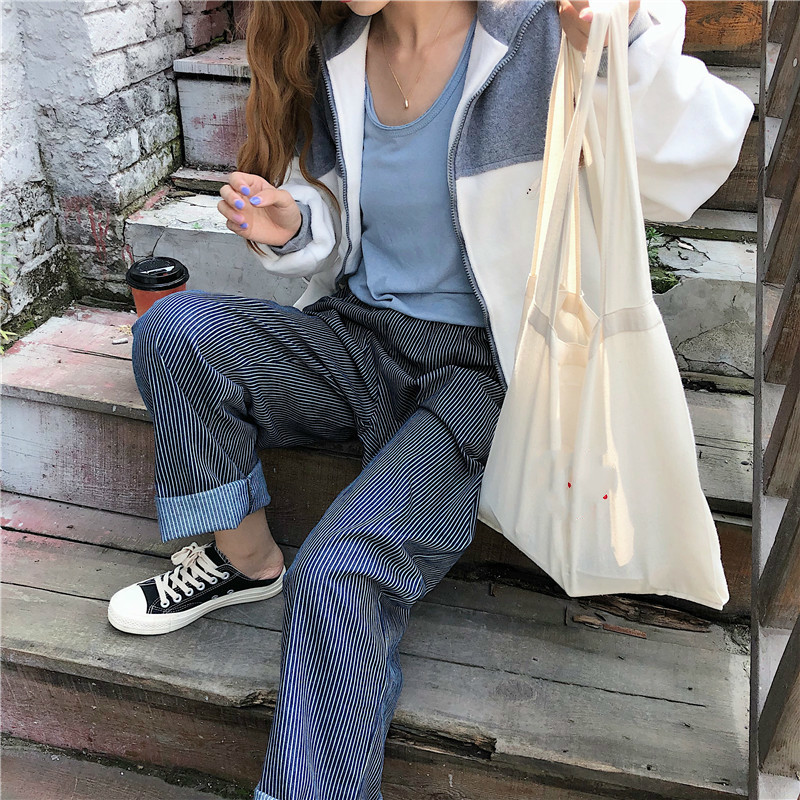 Nomikuma Vintage Striped Wide Leg Pants Korean Stretch High Waist Long Trousers Autumn New Causal Women Pants Mujer 6C742 210427