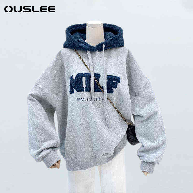 OUSLEE Fashion Patchwork Oversize Sweatshirt Women Winter Casual Loose Cotton Thick Letter Long Sleeve Hoodies Female Streetwear 211108