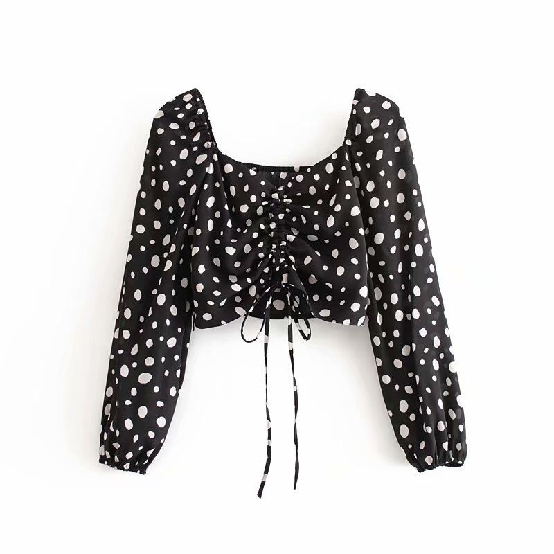 Women Black White Dot Print Long Sleeve Shirt Retro Square collar Adjust Rope Hem Short Blouse Sweet Tops 210429