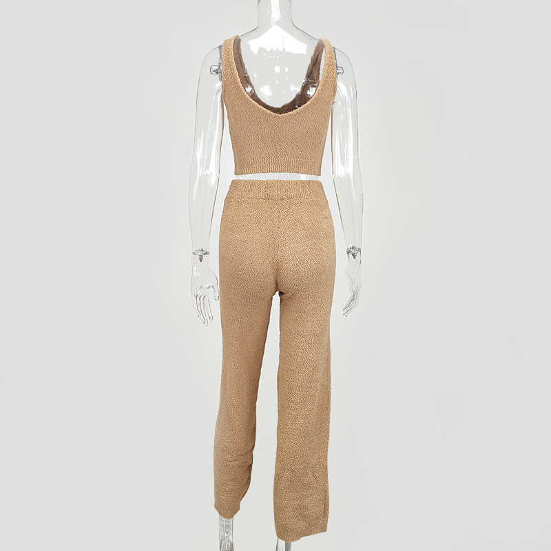 Colysmo Knitted Crop Top And Flared Pants Two Piece Sets Women Autumn Home Wear 2 Outfits Casual Sweater Set 210527