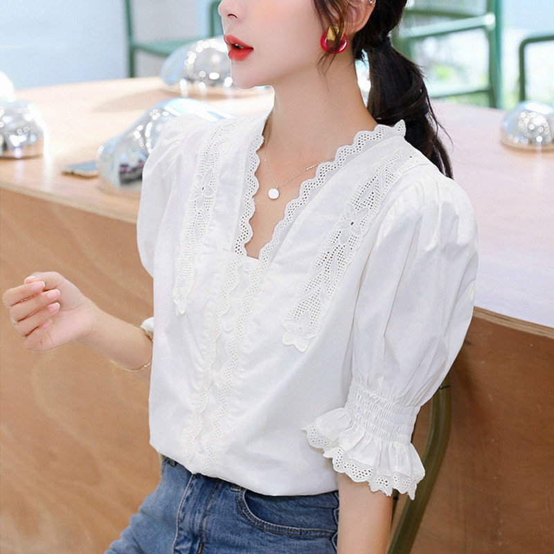 Casual V-neck Lace White Shirts Solid Color Puff Sleeve Summer Blouse for Women Womens Tops and Blouses Blusas 10204 210506