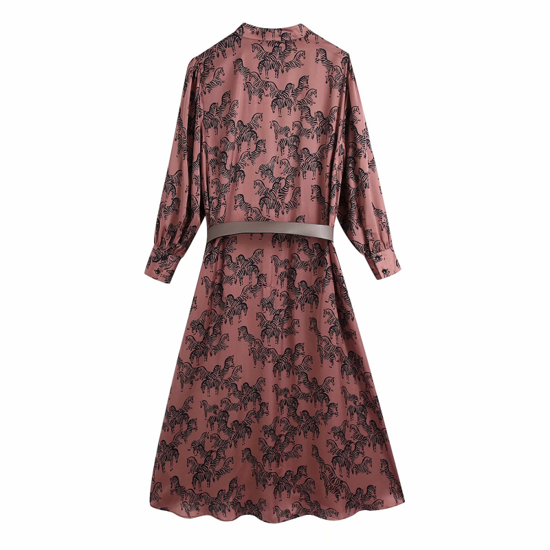 Casual Woman Loose Zebra Print Satin Belt Shirt Long Dress Spring Fashion Ladies Soft Dresses Female Elegant 210515