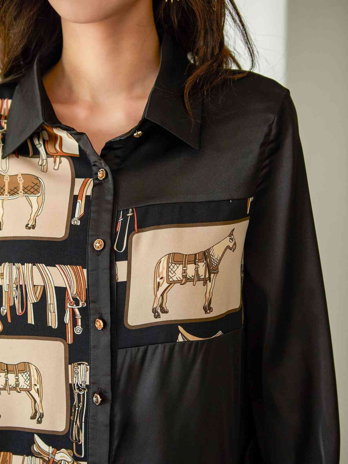 Horse Print Womens Tops And Blouses Long Sleeve Button Up Shirt Black Casual Spring Clothes 210427