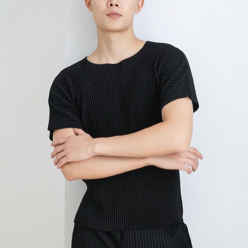 IEFB / men's wear fashion personality pleated t-shirts for male round neck short sleeve tee tops strech 9Y3844 JK020 210524