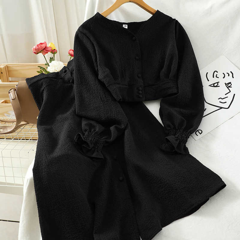 DEAT Women V-neck Longsleeve Shirt Midi-long Skirt Arrivals Short Two Piece Set Fashion Spring Summer 11D824 210709