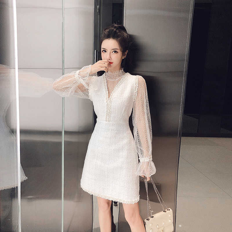 LY VAREY LIN Autumn Women Elegant Sweet Flare Sleeve Mesh Shirt Top + Beading Sleeveless Tweed Party Dress Two-Piece Set 210526