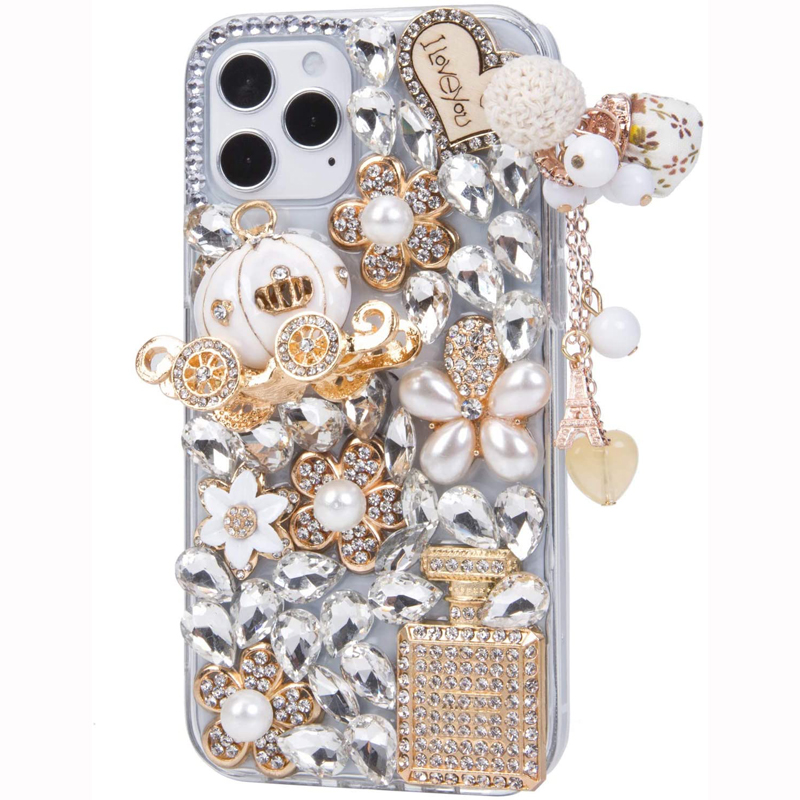 Luxury 3D Bling Glitter Diamond Cases Pumpkin Car Pendant Pearl Flowers Cover For iPhone 16 15 14 13 12 11 Pro MAX 8 Plus Samsung S22 S23 FE S24 Ultra