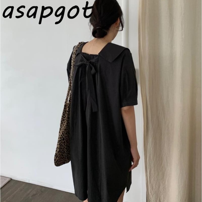 Dresses Summer Loose Back Lace Up Bow Yellow Double Breasted Dress Peter Pan Collar Girls Casual Clothes Fashion Wild Chic 210429