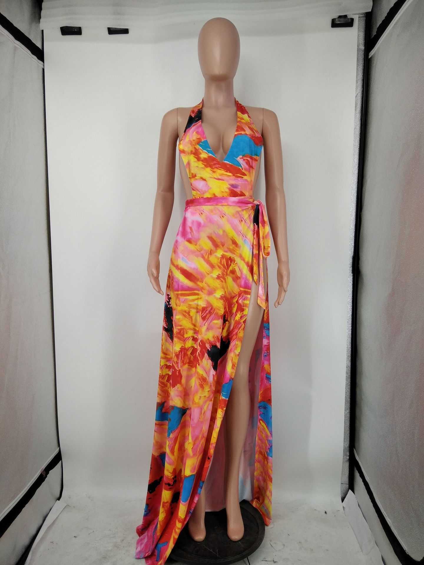 Women Printed Plunge V-neck Sleeveless Slit Belt Maxi Dress 210702