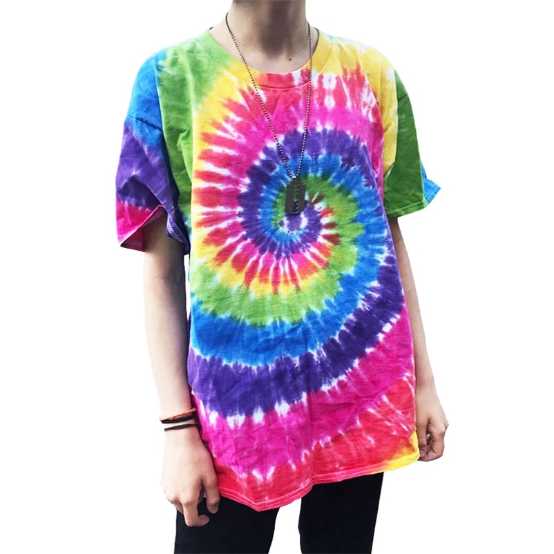 Plegie Tie Dye T-shirt Unisex Summer Hip Hop Round Neck Men's Irregular pattern Tshirts 100%cotton Loose Tee Shirts 210319