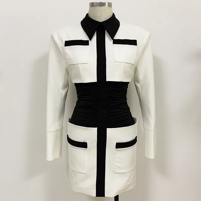 runway celebrity style deaigner slim bodycon mini dress high waist patchwork white black autumn winter dresses party chic 210421