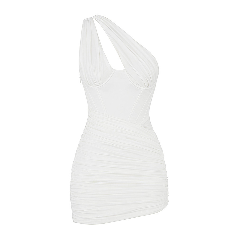 High Quality Sexy One Shoulder Mini Dress Summer White Women Sleeveless Draped Fashion Tight Party 210525