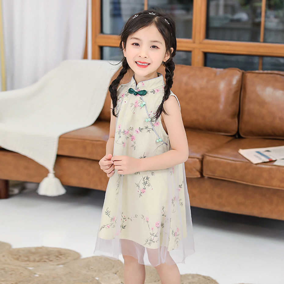Dress For Girls Floral Party Kids Girl Mesh Kid Cheongsam Chinese Style Costume 6 8 10 12 14 210528