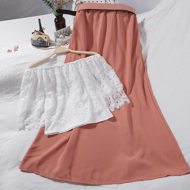 DEAT Women Slash Neck Lace Sleeveless Split Long Pants Two Piece Set Temperament Fashion Spring Summer 11D389 210709
