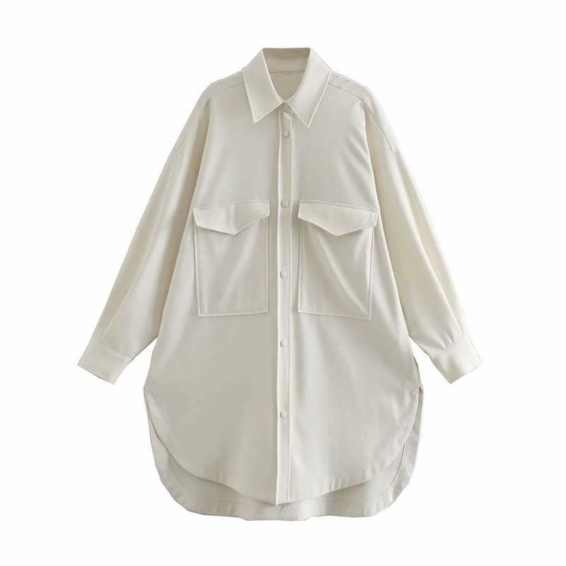 Elegant Women Solid Long Shirts Fashion Ladies Turn Down Collar Tops Streetwear Female Chic Pocket Oversize Blouses 210430