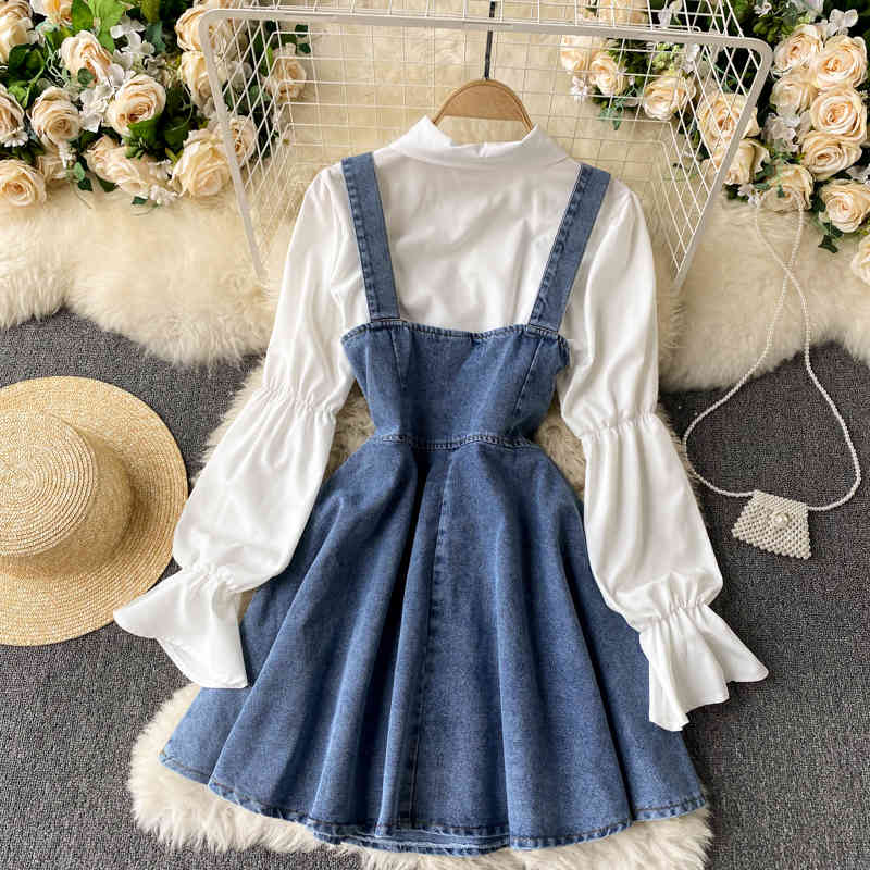 Nomikuma Two Peice Set for Women Puff Sleeve Solid Blouse Shirt + Demin High Waist A-line Sling Dress Korean Spring Suits 6E695 210427