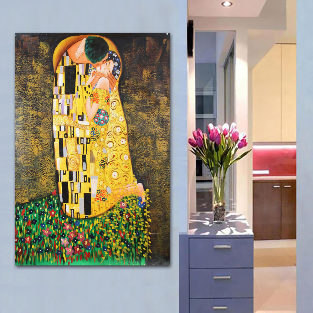 Classic Artist Gustav Klimt kiss Abstract Art Collection Canvas Print Painting Poster, Wall Pictures For Living Room