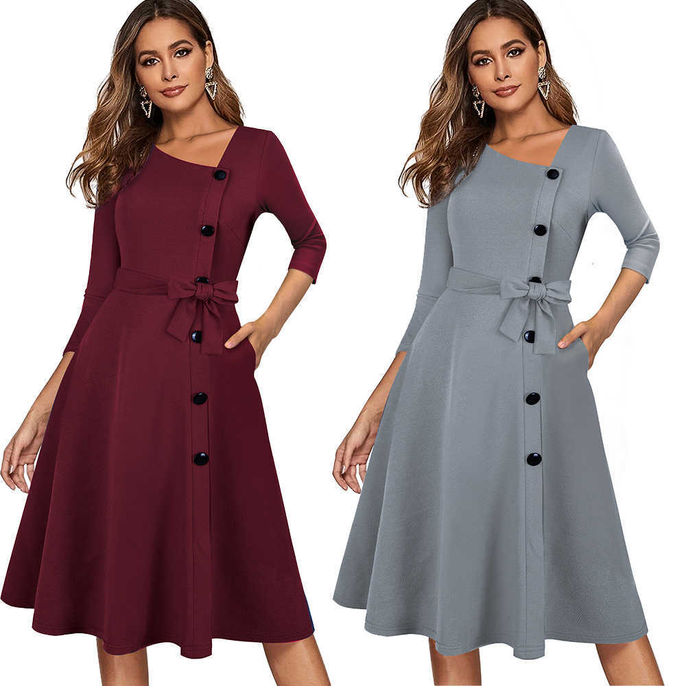 Nice-forever Spring Solid Color with Button Retro Elegant Dresses Party Flare Swing Women Dress A241 210630