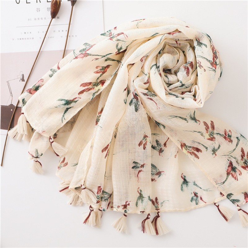 Flower Printed Scarf Shawls Women Tassesl Hijabs Fashion Cotton Muslim Head Wraps Large Size Headscarf Turbans