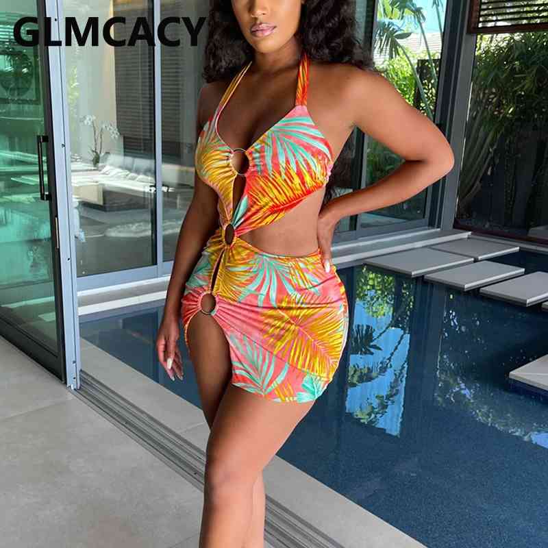 Halter Cut Out Summer Mini Dress Sexy Bodycon Beachwear 210702