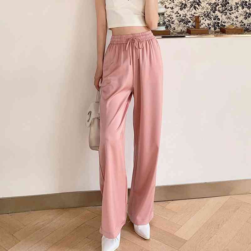 Women Satin Cotton High Waist Wide Leg Pants Spring Summer Solid Casual Loose Female Floor-Length Ladies Trousers 210514