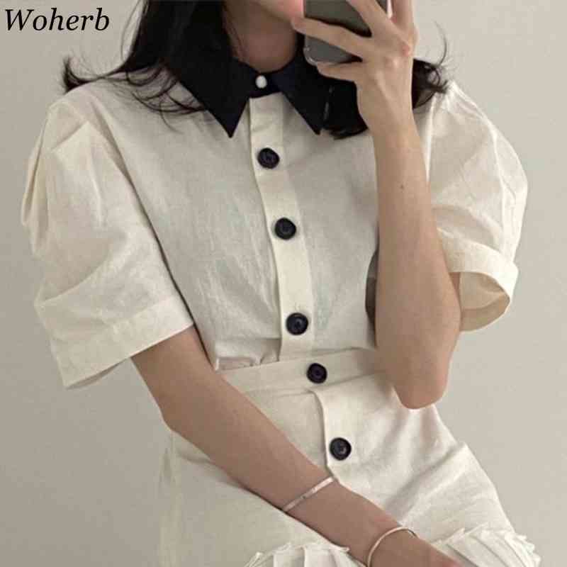 Vintage Puff Sleeve Blouse + High Waist Pleated Skirts Women Fashion Two Peices Long Skirt Sets Summer Elegant Outfits 210519