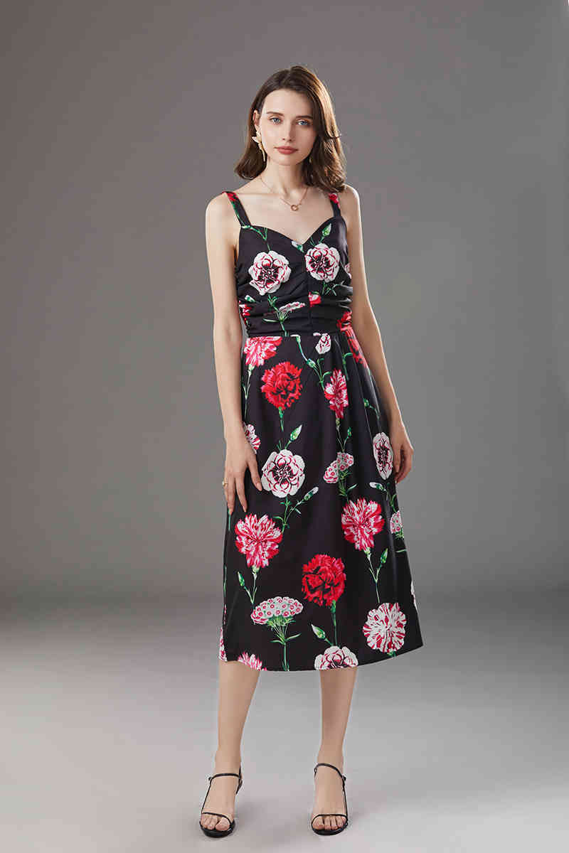 Arrival Summer Women's Runway Dresses Spaghetti Strap Floral Printed Ruched High Street Fashion Casual Mid Calf 210506