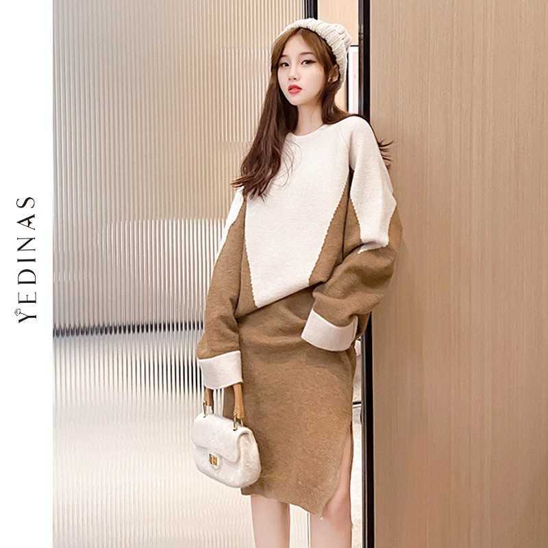 Yedinas Office Ladies Knitted Two Piece Women Sets Skirt Long Sleeve Patckwork Winter 2 Set For Midi Korean 210527