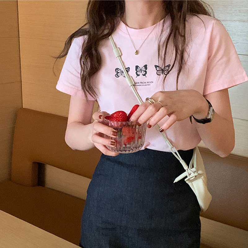 4colors summer korean style Butterfly print Slim short sleeve crop top for womens t-shirts womens tee shirt femme (X1822) 210423