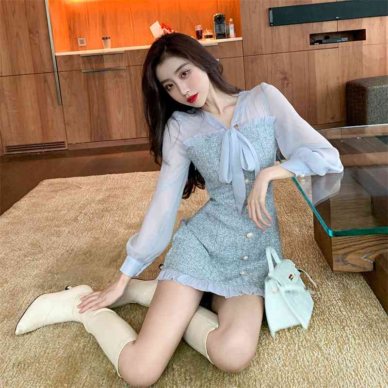 Spring Women's Chiffon Patchwork Ruffle Tweed Woolen Dress Ladies Bow Collar Single-Breasted Long Sleeve Party 210520