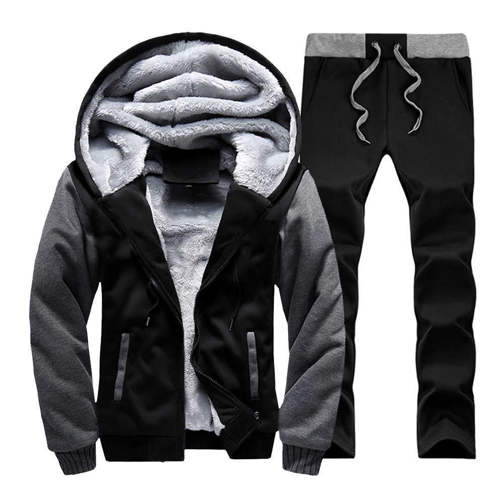 Winter Men Set Thick Warm Mens Jacket Hoodies2PC Pants Suit Man Hooded Sportswear Fleece Patchwork Sweatshirt Zipper SportsSuit 210603