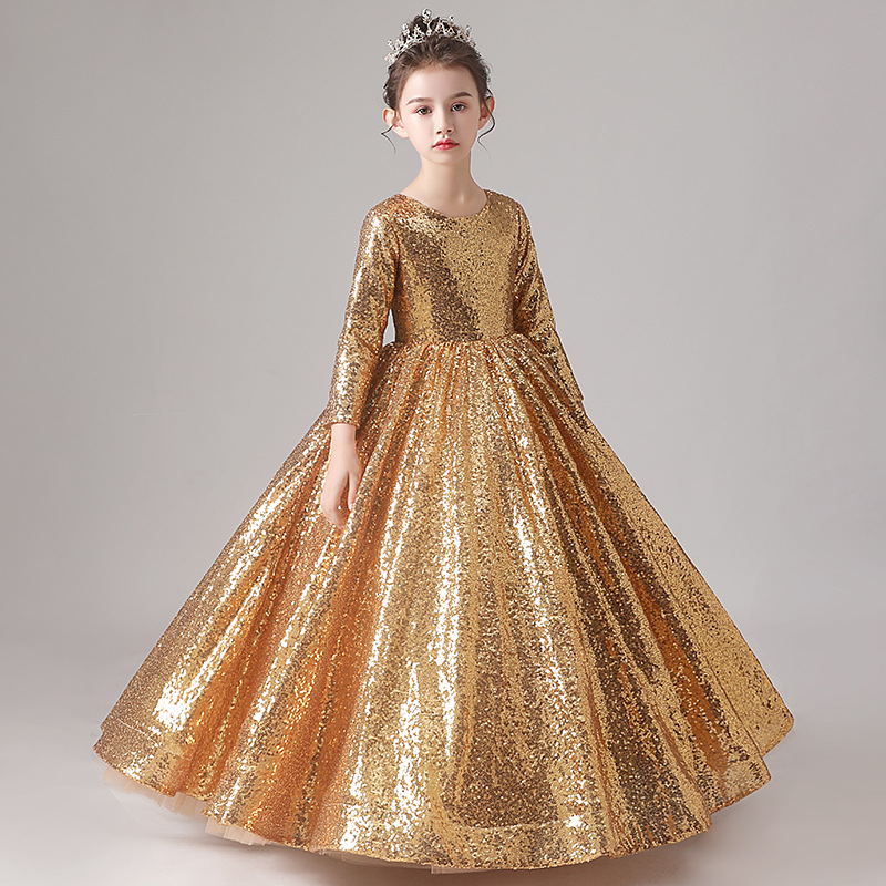 Sequined Pageant Fluffy Off The Shoulder Ruched Gold Bling Flower Girl Ball Gowns Party Dresses For Girls 403