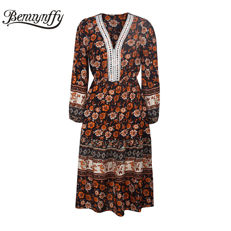 V-neck Boho Floral Print Holiday Dress Women Spring Summer Long Sleeve Female High Waist Split 210510