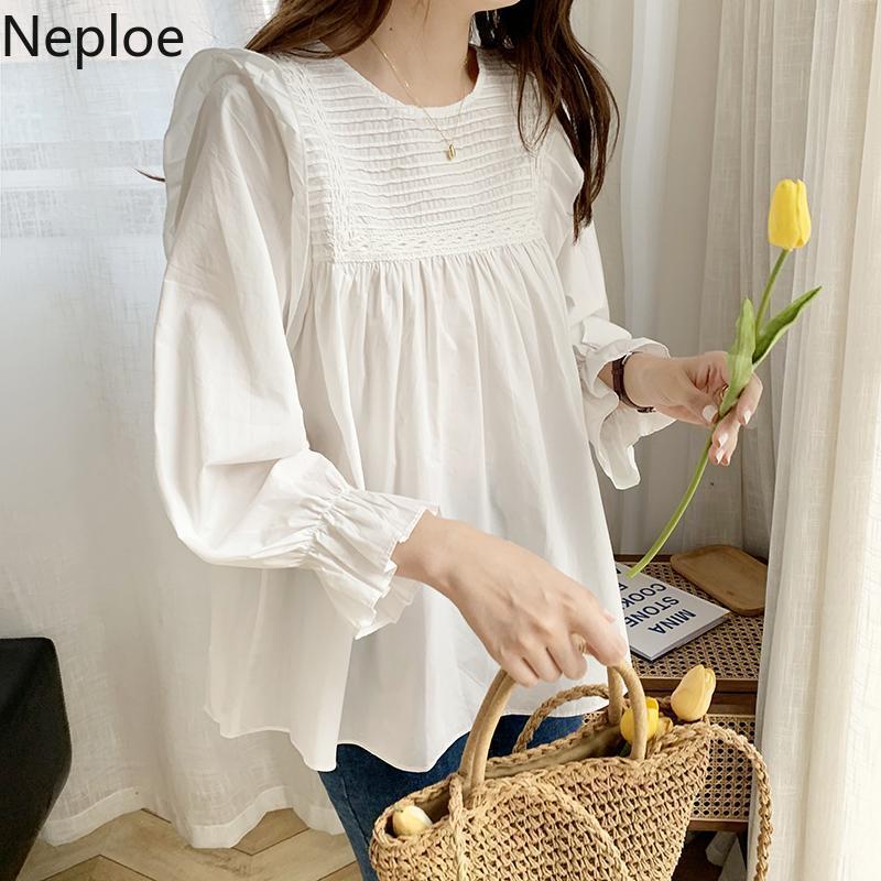 Neploe Vintage Women Pleated Blouses Hollow Out Ruffle Shirts Loose Long Sleeve Patchwork Blusas Female White Elegant Tops 210422