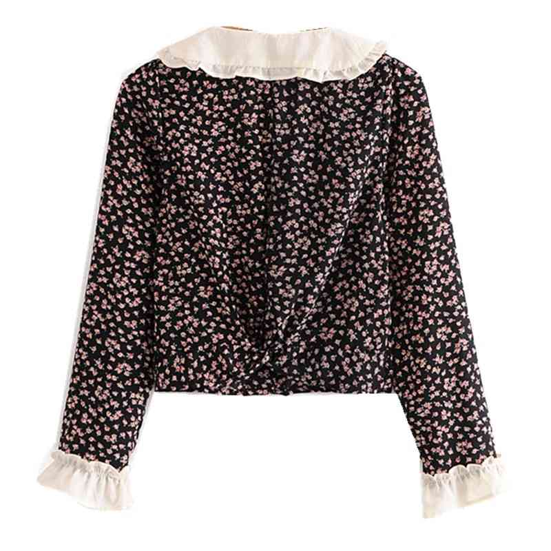 Autumn Vintage Peter Pan collar Floral Print Shirt Black Fashion Single-Breasted Buttons blouse women Chiffon blusas Tops 210429