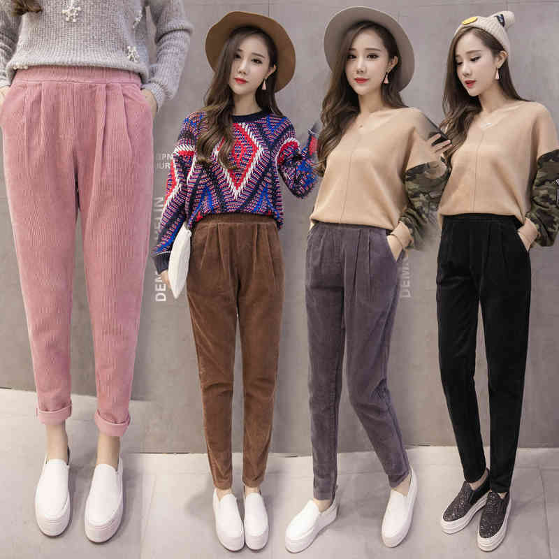 Casual Black Pink Trousers Plus Size Pants Women Corduroy Autumn Winter Korean Elastic Waist Harem 7287 50 210506
